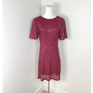 ASTR‎ the Label Sequin Dress Burgundy Short Sleeve Party Cocktail Mini